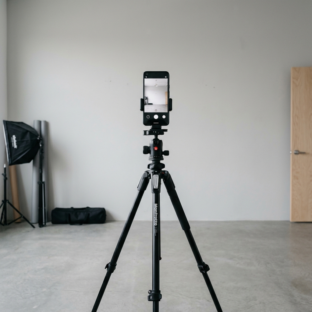 A smartphone camera mounted on a stable black tripod at eye level