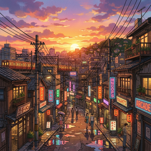 A stunning sunset over a nostalgic retro anime cityscape with glowing neon signs reflecting in puddles