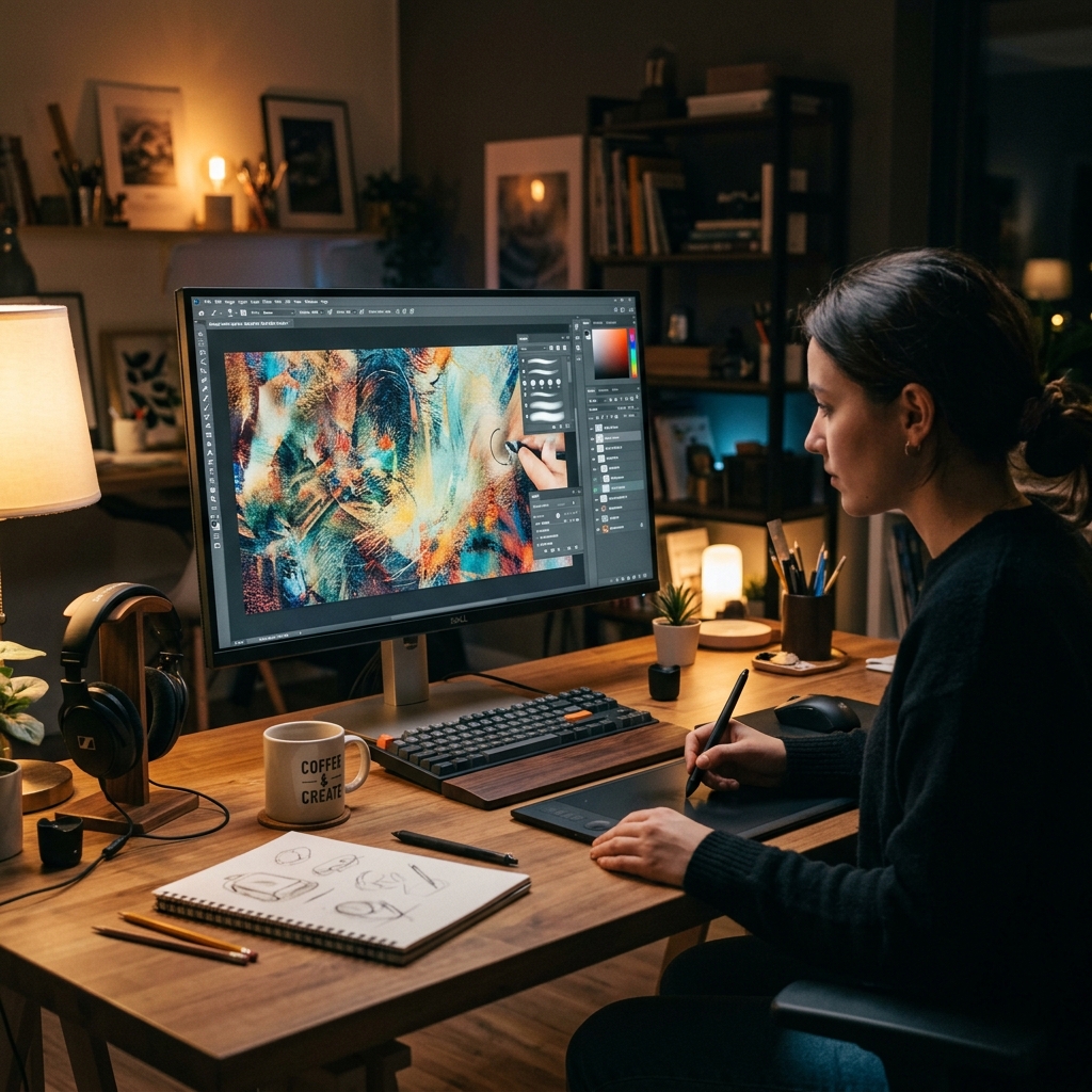 A digital artist refining an AI generated background composition inside a professional graphics editing software suite.